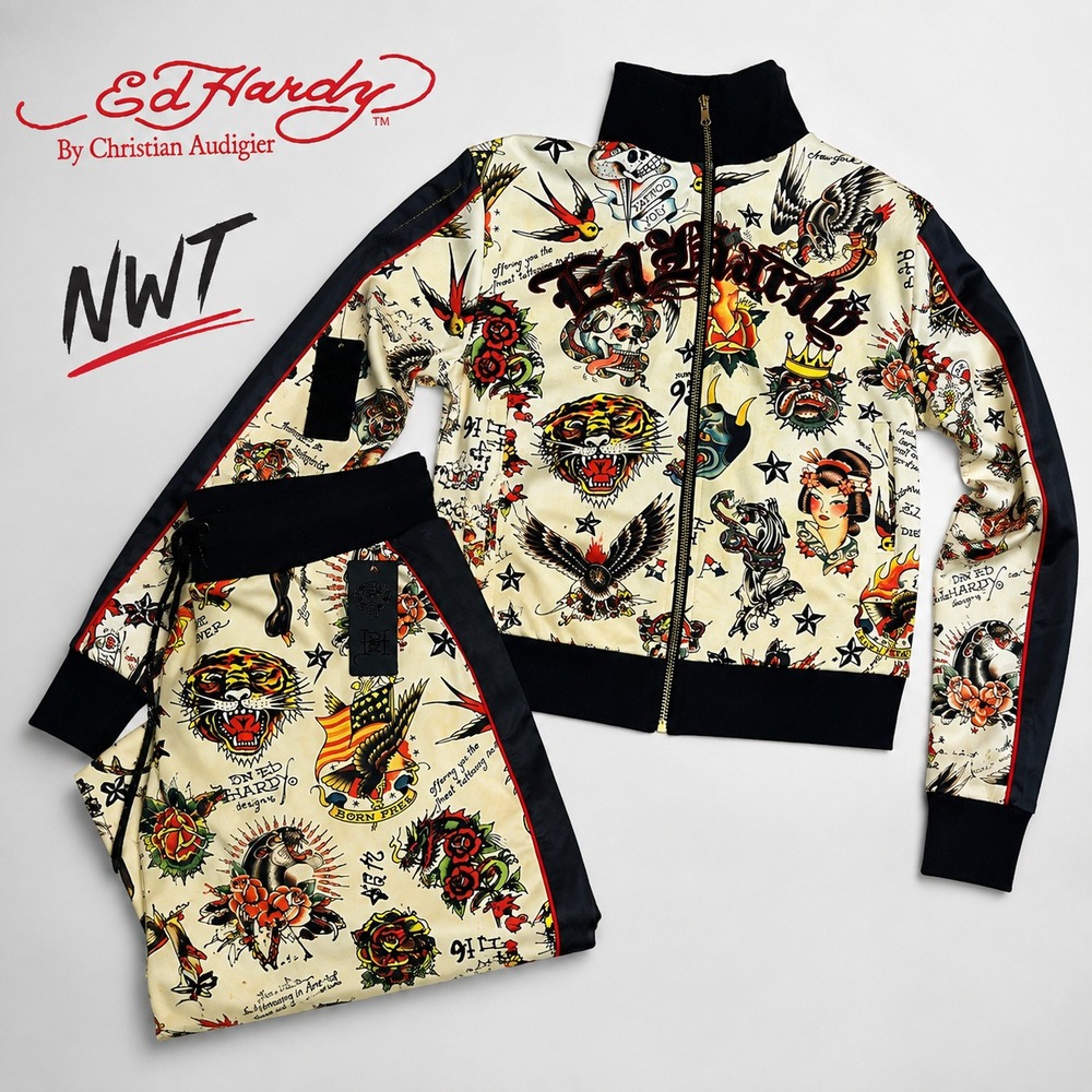 NWT Ed Hardy Women's Shrunken Flashboard Tracksuit Set Cropped Jacket Pants Sz M